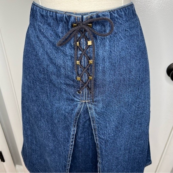 Vintage 90s Y2K Lace Up Denim Skirt A-Line Midi Chambray Grunge Fairy Jean Skirt - Picture 4 of 8